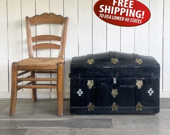 Antique Tin & Wood Slat Camelback Trunk: Late 1800s Domed Steamer Trunk, Humpback Emigrant's Chest