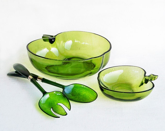 Mid Century Green Apple Shaped Glass Serving Bowl Set Etsy
