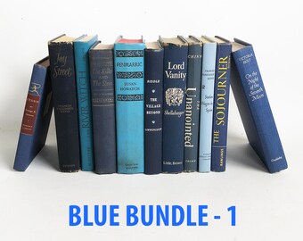 Vintage Blue Hardback Books, 12" Decor Book Bundle, Foot of Books