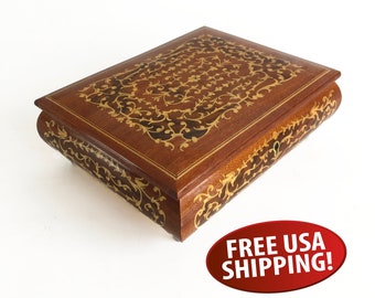 Ornate Vintage Wooden Jewelry Box, Faux Inlay, Love Story Music Box