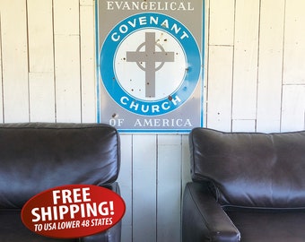 Rare, Mid Century Porcelain Enamel Two-Sided Metal Church Sign, Evangelical Covenant Church Metal Sign, 24" X 30" Church Sign
