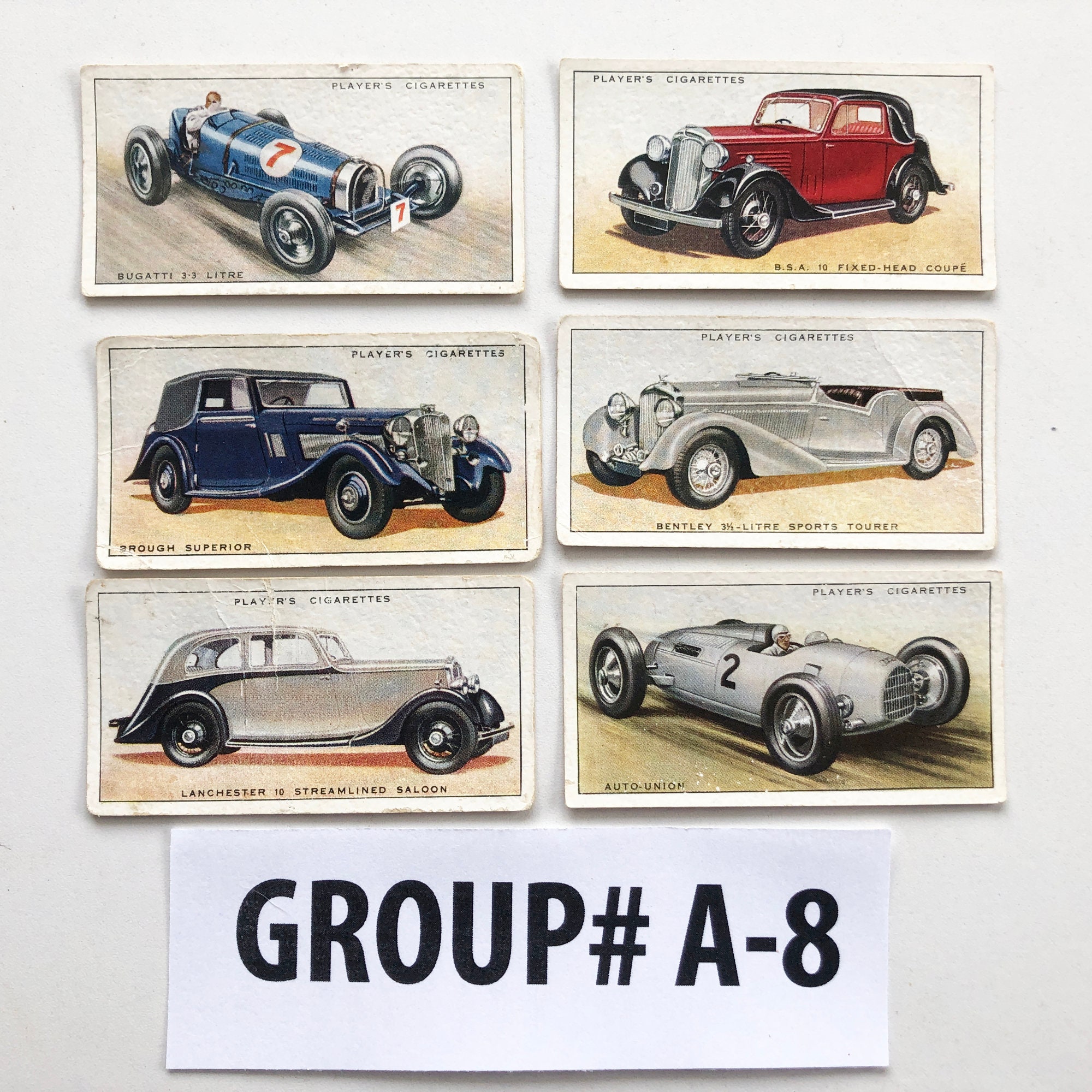 players cigarette cards cars 1930s Players Cigarettes Automobile Cards, Bundle of 6, Vintage Ephemera