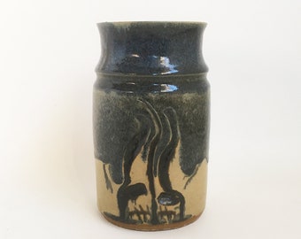 Vintage Stoneware Flower Vase, Hand-thrown Pottery, 7" tall Blue & Beige Vase, Kitchen or Bath Storage - FREE USA SHIPPING