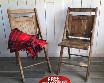 A Pair of Vintage Wooden Folding Chairs, Two Wood Slat Chairs, Primitive Chairs, Glamping Chairs, Porch Chairs, Farmhouse Decor