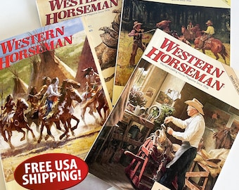 May include: Four vintage issues of "Western Horseman" magazine. The covers feature illustrations of cowboys, horses, and western scenes. The magazine's title is in a bold red font. One cover has a "Free USA Shipping!" sticker.