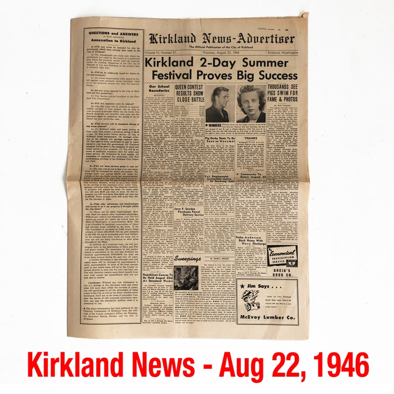1940s Newspaper From Kirkland Washington Seattle Eastside Etsy