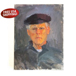May include: An oil painting portrait of a person wearing a dark cap and a dark collared garment. The subject has light skin, grey hair, and a neutral expression. The background is a textured grey wash, and the artist's signature is visible at the bottom.
