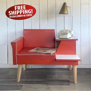 Midcentury Modern Orange Vinyl Gossip Bench With Lamp, 1960s