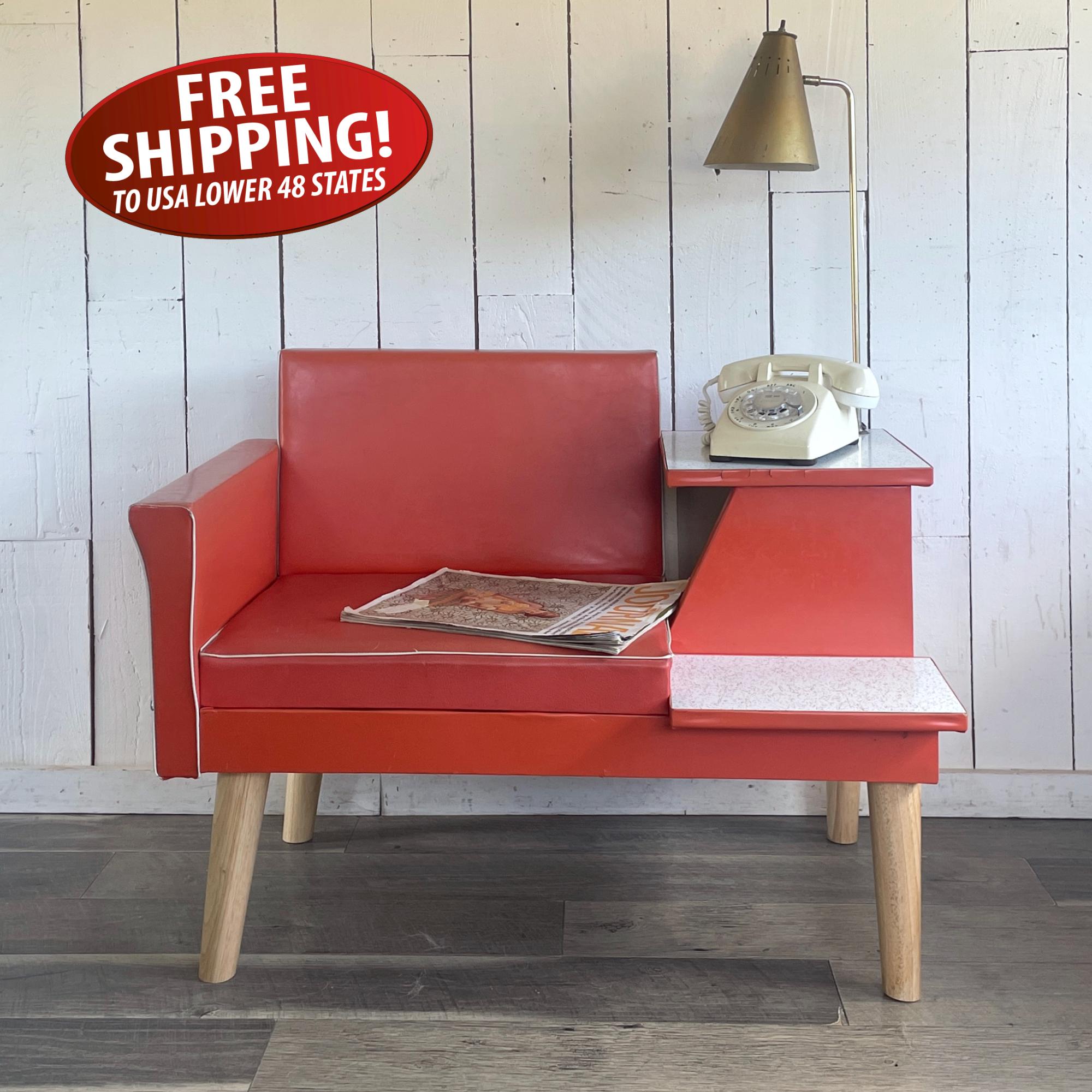 Midcentury Modern Orange Vinyl Gossip Bench With Lamp, 1960s