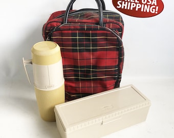 Mid Century Tartan Plaid Picnic Bag with Thermos and Sandwich Box