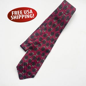 Vintage Robert Talbott Studio Necktie, 100% Silk, Hand-sewn in the USA for Anderson & Emami, 3.5&quot; wide, Burgundy and Blue Geometric Pattern