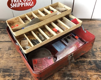 Midcentury Red Victor Metal Tackle Box with Vintage Tackle