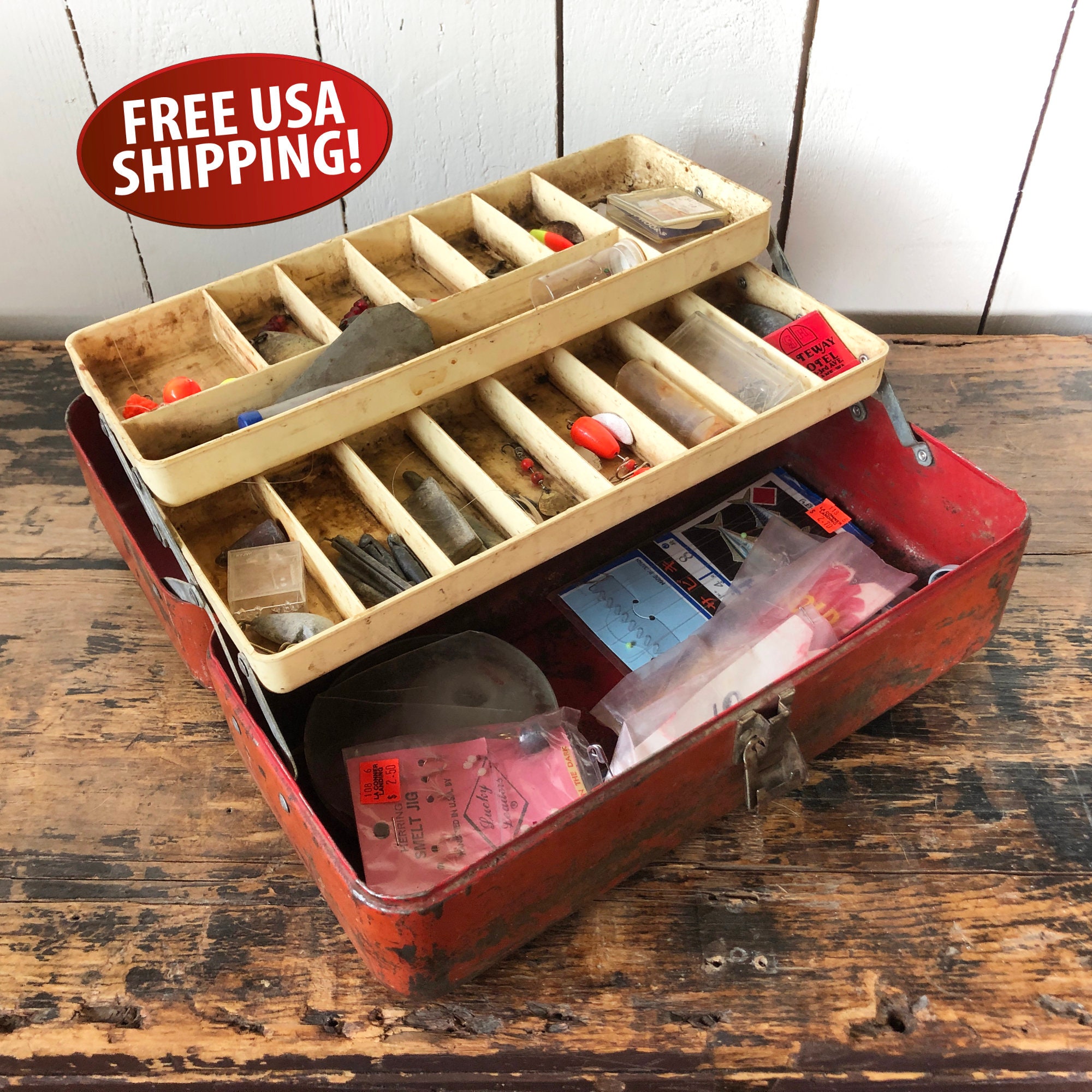 Mid-century Victor Metal Tackle Box With Vintage Tackle Lures, Hooks,  Weights & More Old Distressed Red Tackle Box 