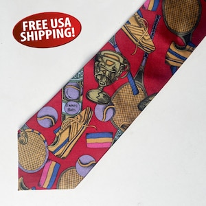 Vintage Sinsabang Silk Necktie with Tennis Theme, Tennis Player Gift, Tennis Necktie