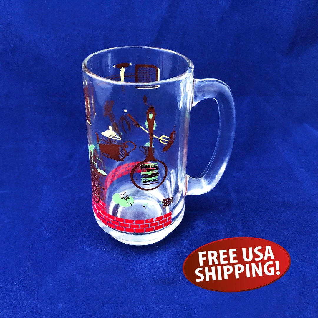 Mid Century Hazel Atlas BBQ Glass Mugs With Barbecue Themed Graphics