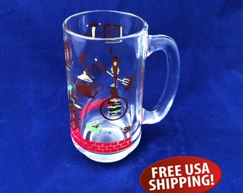 Vintage Hazel Atlas BBQ Glass Mug: Mid-Century Cookout Graphics