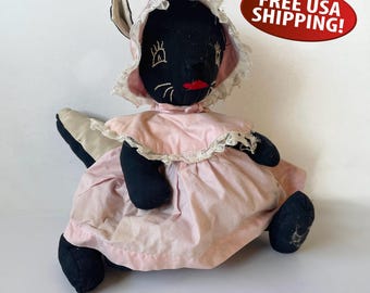 Vintage Handmade Skunk Plush Doll, Pink Dress & Bonnet, 1960s Stuffy