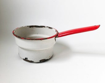 Distresssed Red & White Enamelware Pot - Porcelain Enamel Sauce Pan - Farmhouse Chic Decor Piece