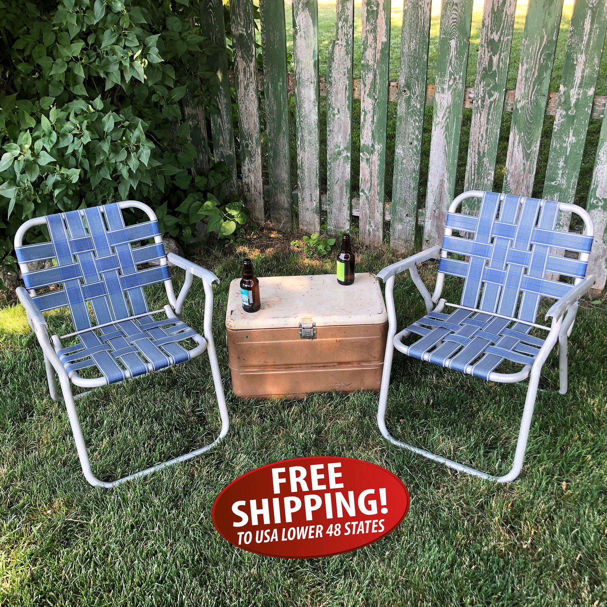 Two Mid Century Webbed Lawn Chairs Blue White Vintage Camping