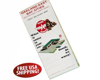 May include: A vintage map of Oakland-East Bay Cities with Southern Alameda County, featuring street and vicinity maps. The map is advertising Flying A Service, a gas station with a slogan: "When it comes to your car... Ooooh, do we worry!"  Tidewater Oil Company is also mentioned.