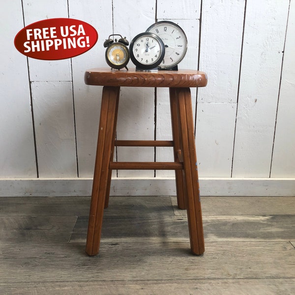 Distressed Wooden Farmhouse Stool, 18" Tall Wood Stool, Child's Stool - Chair, Side Table, Plant Stand, Nightstand, Midcentury Stool