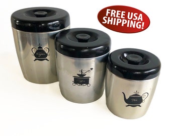 Set of Three Mid-Century West Bend Aluminum Kitchen Canisters- Sugar, Coffee and Tea, 1950s Retro Kitchen Decor