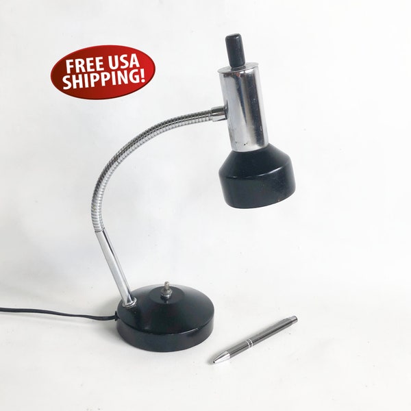 Midcentury Black & Chrome Gooseneck Desk Lamp, Retro Task Light, Office Light, Small Desk Lamp