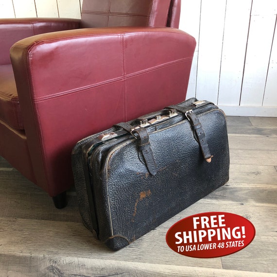 1920s-1930s Black Leather Suitcase Distressed Leather 