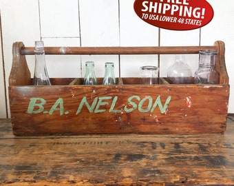 Rustic Wooden Tool Tote, Hand-Painted "B. A. NELSON", Farmhouse Decor