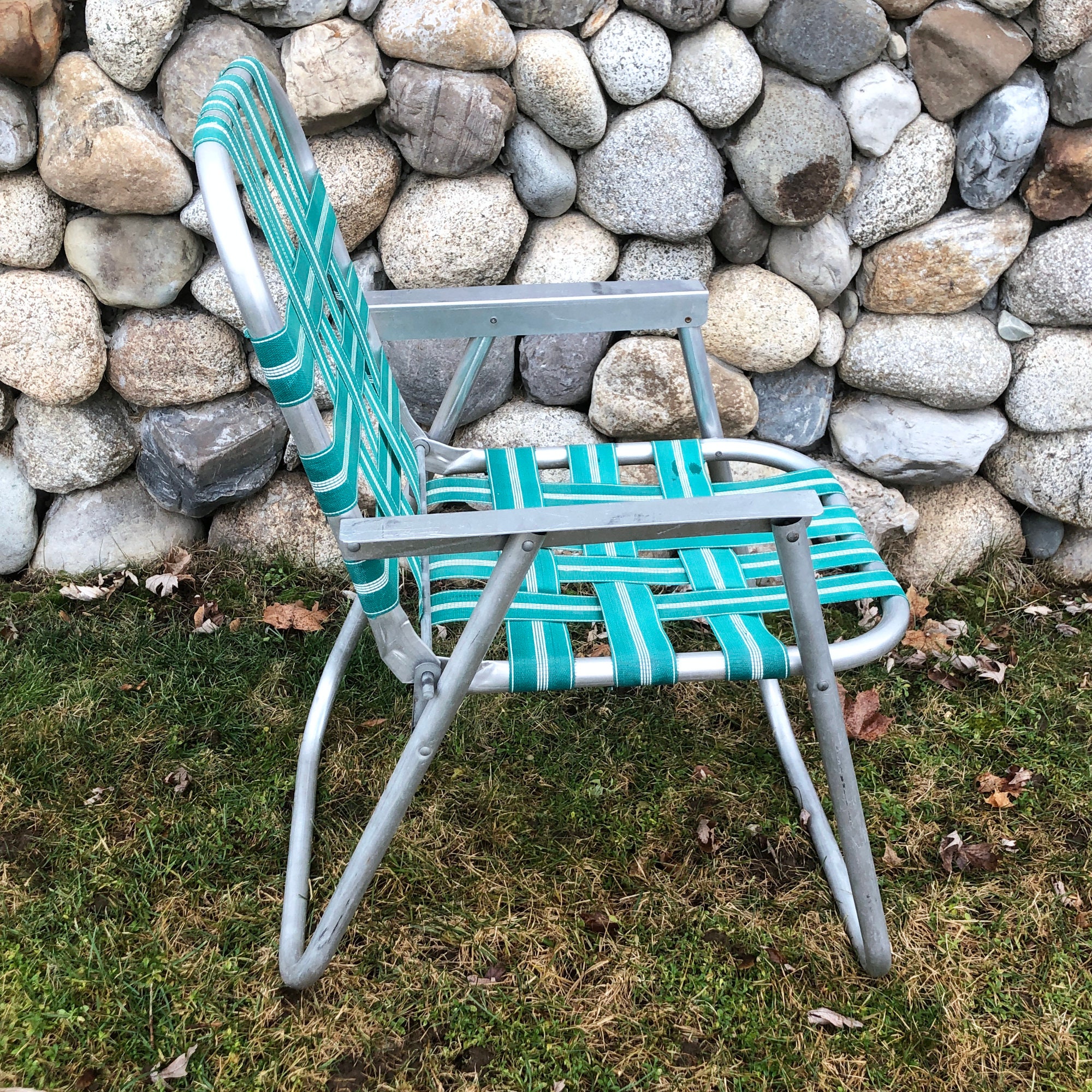 Mid Century Green & White Webbed Folding Lawn Chair - Etsy