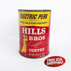 1960s Hills Bros Coffee Tin, 1 lb. Hills Brothers Coffee Can - Red, White & Yellow Graphics &quot;Fun Retro Kitchen Storage&quot;