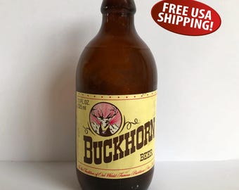 Vintage Buckhorn  Beer Bottle, 11 Oz  Stubby Bottle, 1970s Beer Prop, Bar Prop, Breweriana, Collectible Beer Bottle