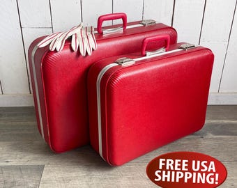 Red Two-Piece Mid-century Luggage Set: 24" & 20" Suitcases for Travel, Props, Storage, or Decor