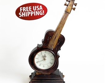 Vintage Cast Resin Violin Clock: Working Quartz Table Clock for Music Decor