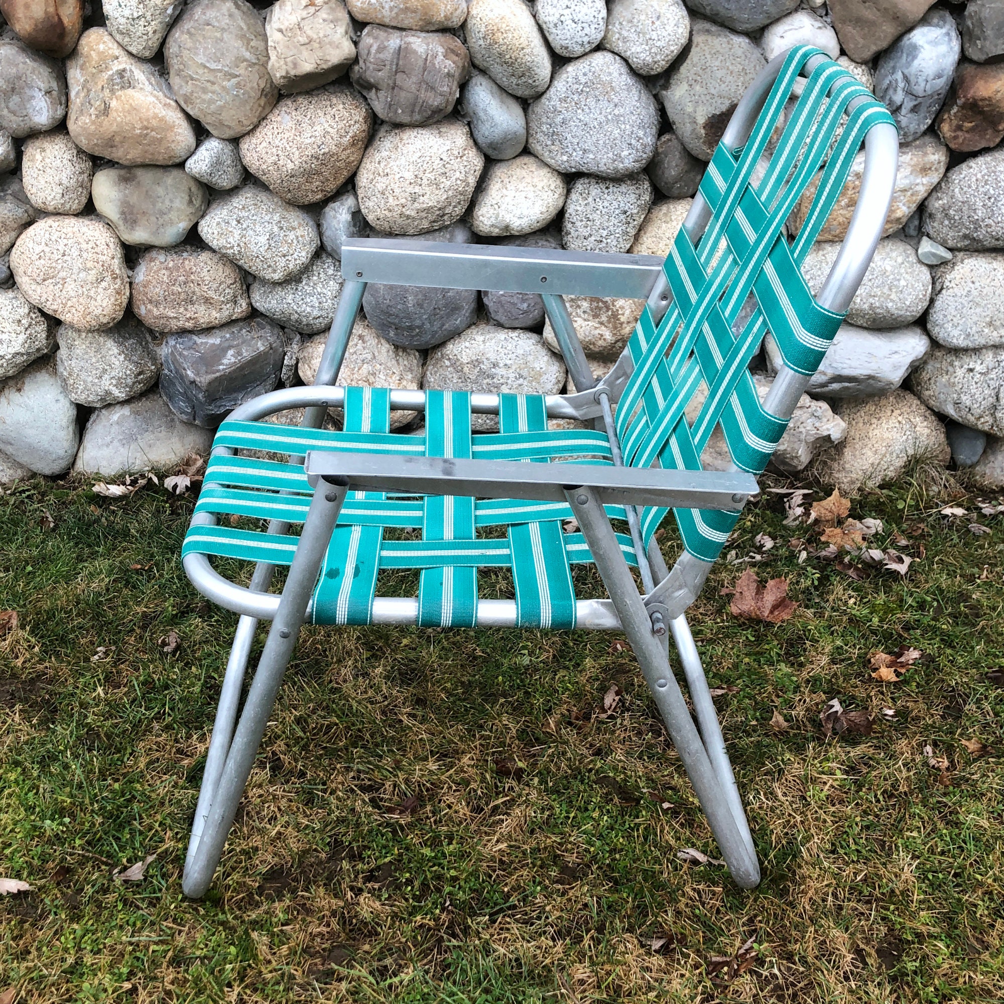 Mid Century Green & White Webbed Folding Lawn Chair - Etsy
