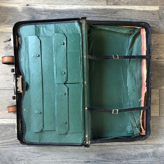 1920s-1930s Black Leather Suitcase Distressed Leather 