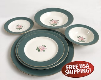 May include: Set of five green and white ceramic dinner plates with a gold trim and a pink rose design.  FREE USA SHIPPING!