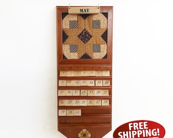 Vintage, Hand-made Perpetual Calendar, Wall Mounted Wooden Calendar, Country, Farmhouse, Quilting Theme Calendar