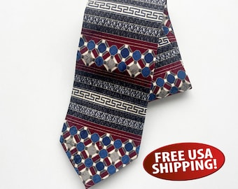 Vintage Domenico Franco Silk Necktie, Blue Burgundy Geometric Design