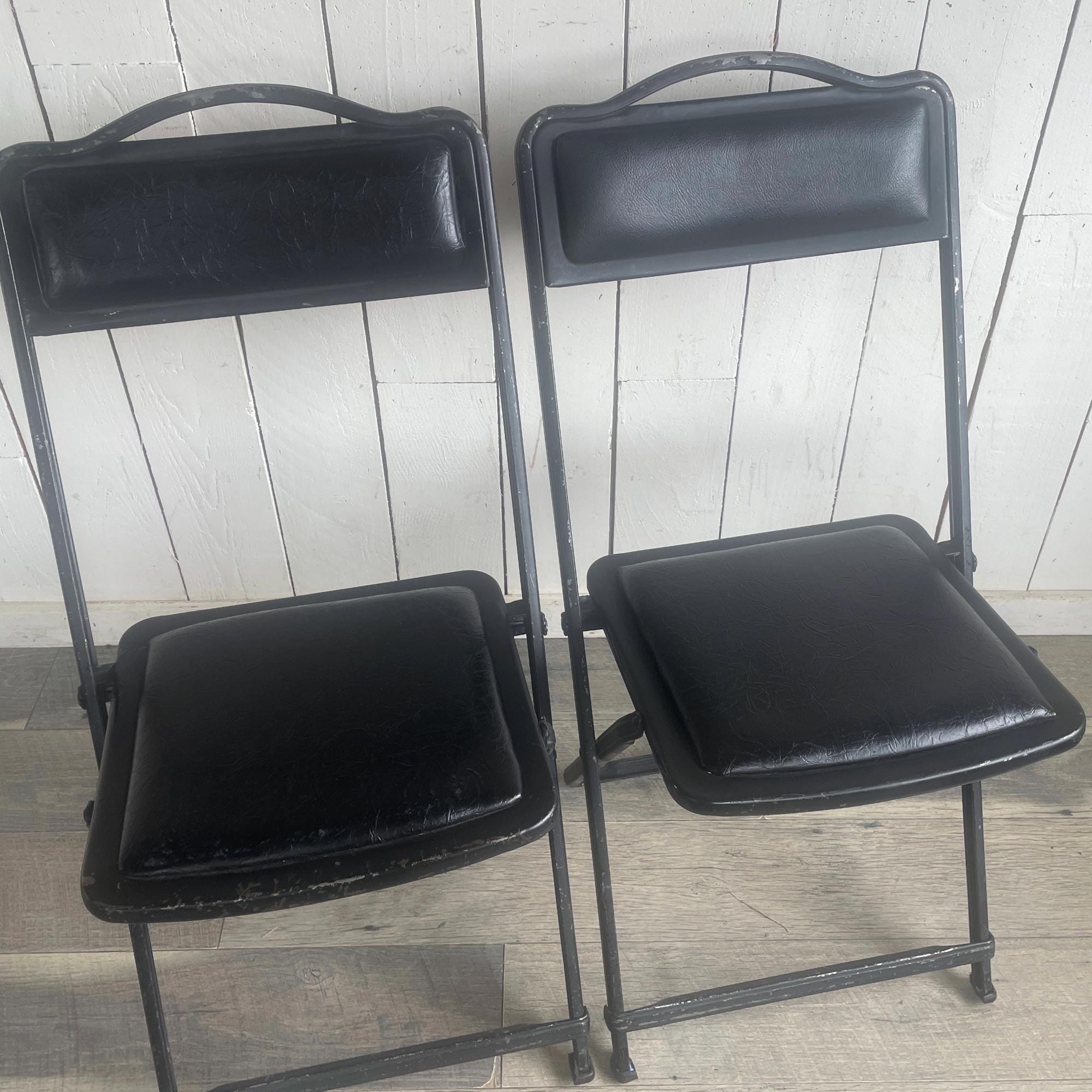 Set of Two Vintage Black Metal Folding Chairs: Retro Extra Seating