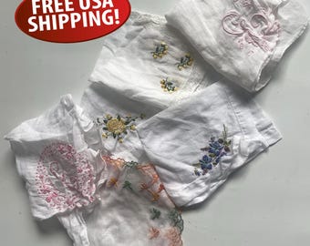 Mid-Century Handkerchief Bundle,  Six Vintage Ladies Hankies, Hand Embroidered Handkerchiefs, 1950s Women's Hanky Collection