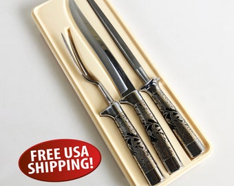 Mid Century Carvel Hall Carving Set: Knife, Fork, Sharpener & Original Case