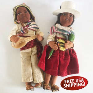 A Pair of Vintage Hand-made Peruvian Folk Dolls, String Dolls, Souvenir Travel Doll, Collectible Dolls