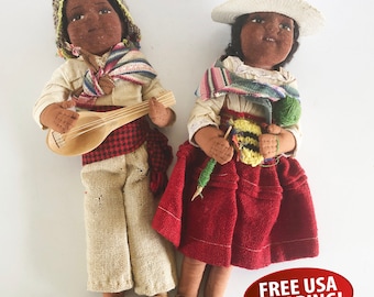 A Pair of Vintage Hand-made Peruvian Folk Dolls, String Dolls, Souvenir Travel Doll, Collectible Dolls