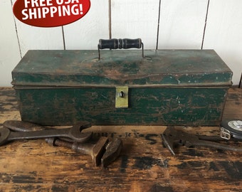 Vintage Distressed Green Metal Toolbox: Farmhouse Industrial Decor