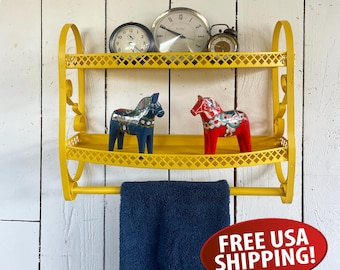 Yellow Midcentury Bathroom Shelf with Towel Rack: Two-Tier Nicknack Shelf, Wall Mounted