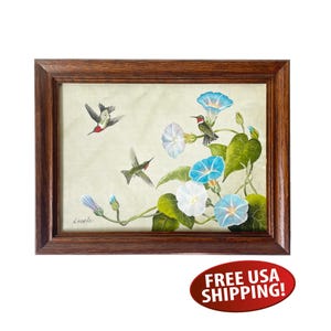 Vintage Hummingbird Oil Painting by N. Horne, 16&quot; X 12&quot; Framed Oil on Canvas Board, Bird Painting, Cottagecore, Hummingbird Lover Gift