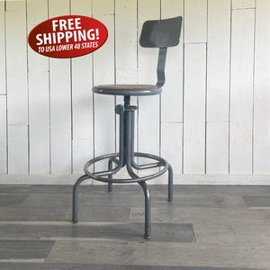Mid Century Industrial high Back Shop Stool, Adjustable Height Wood & Steel Stool, Drafting Chair, Lab Stool, Bar Stool. Swiveling Stool