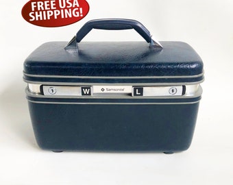 Vintage Navy Blue Samsonite Profile lI Train Case with Initials W L, Travel Case, Vanity Case with Mirror & Tray, Makeup Case, Craft Storage