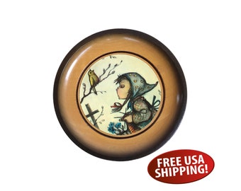 Mid-century M. J. Hummel Wooden Plate, Decorative Wall Hanging, Girl with Bird, Made in West Germany